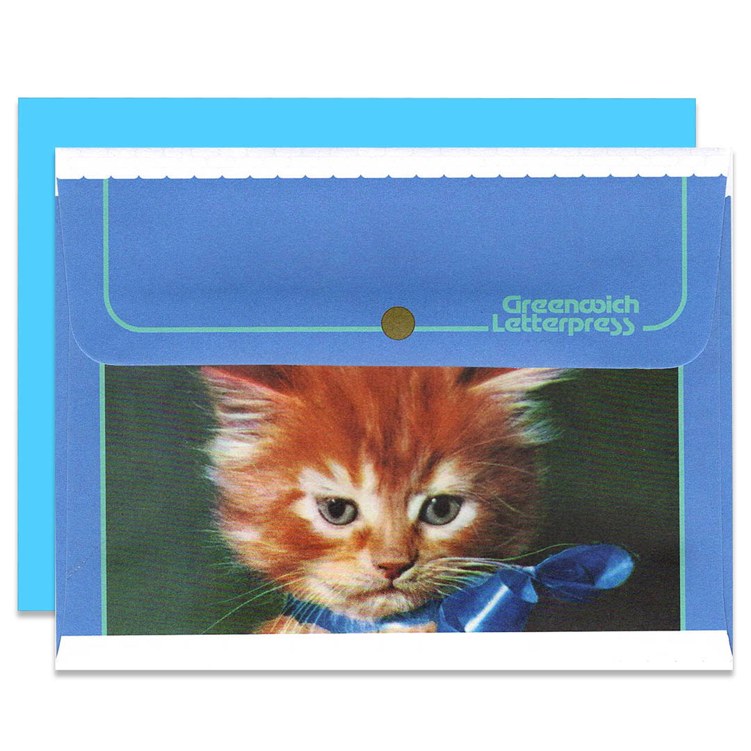 Vintage Kitten with Satin Bow - Blue Cat Envelope & Card Set