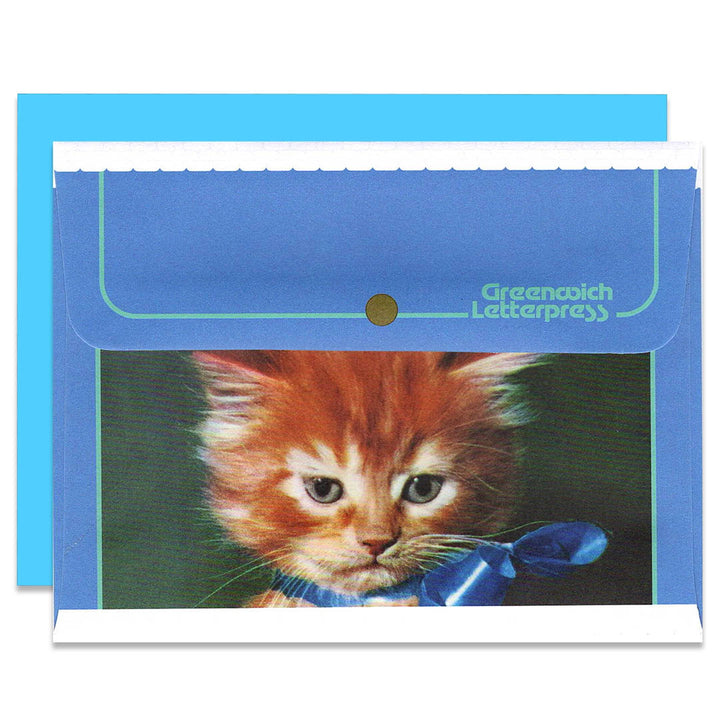 Vintage Kitten with Satin Bow - Blue Cat Envelope & Card Set