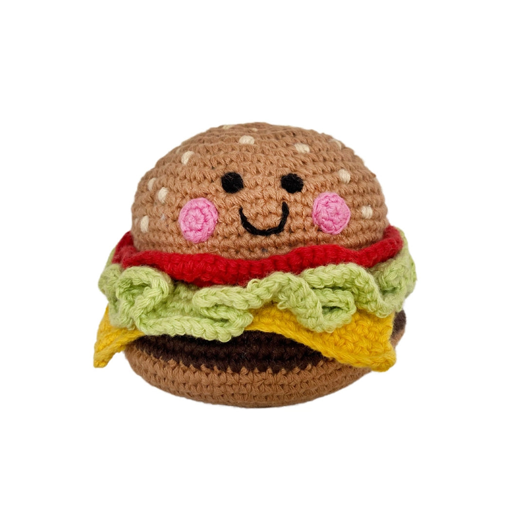 Handmade Juicy Cheeseburger Baby Rattle – Organic Cotton Toy