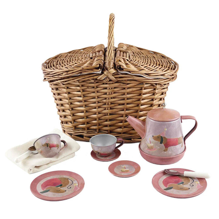NEW Tin Tea Set Musical Dog In a Basket