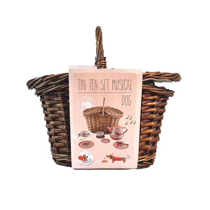 NEW Tin Tea Set Musical Dog In a Basket