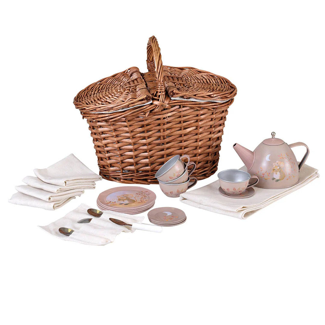 Tin Tea Set Mouse In A Basket