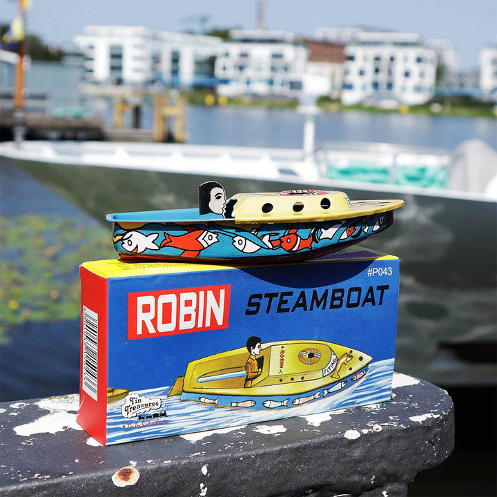 NEW Retro Tin Candle Steam Boat Robin