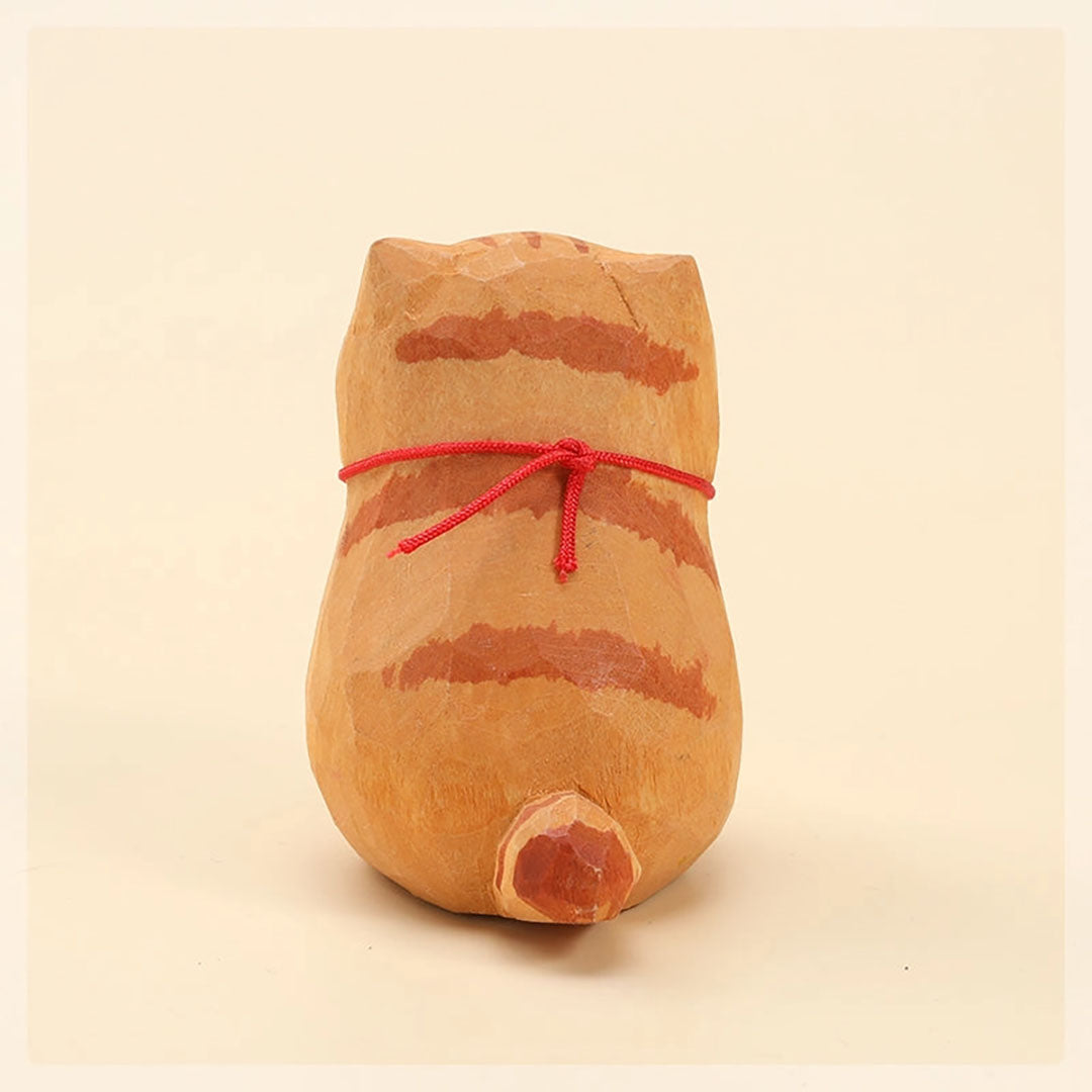 Handmade Wooden Animal- Orange Smiling Cat with Bell