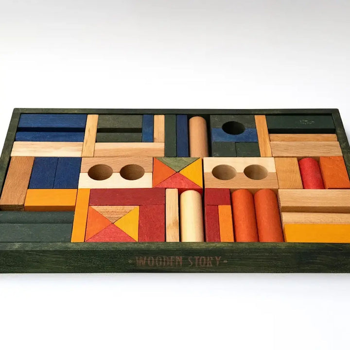 Wooden Story Building Blocks in Green Tray- 54pcs