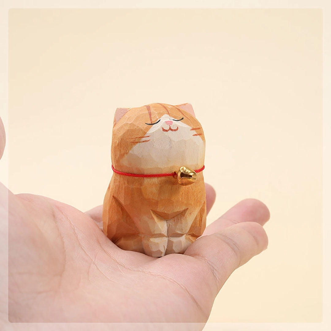 Handmade Wooden Animal- Orange Smiling Cat with Bell