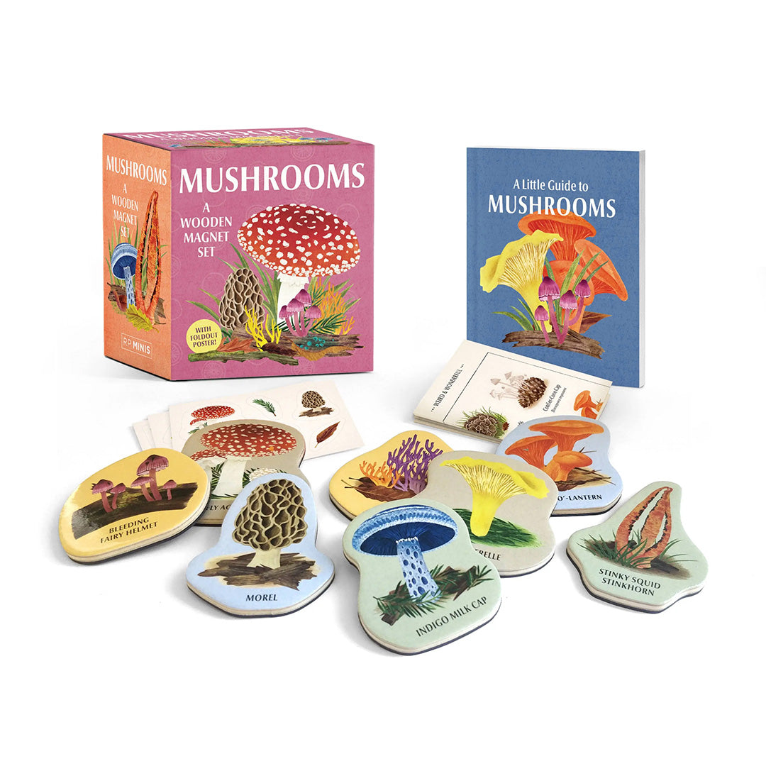 Mushrooms: Wooden Magnets & Book Gift Set