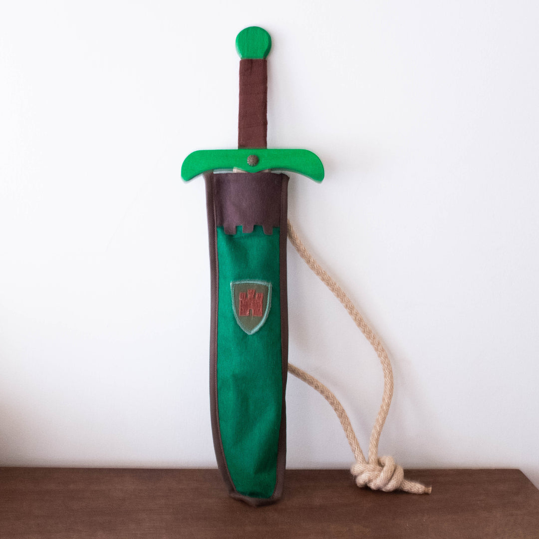 NEW Wooden Sword Kamelot Brown with Green Pouch