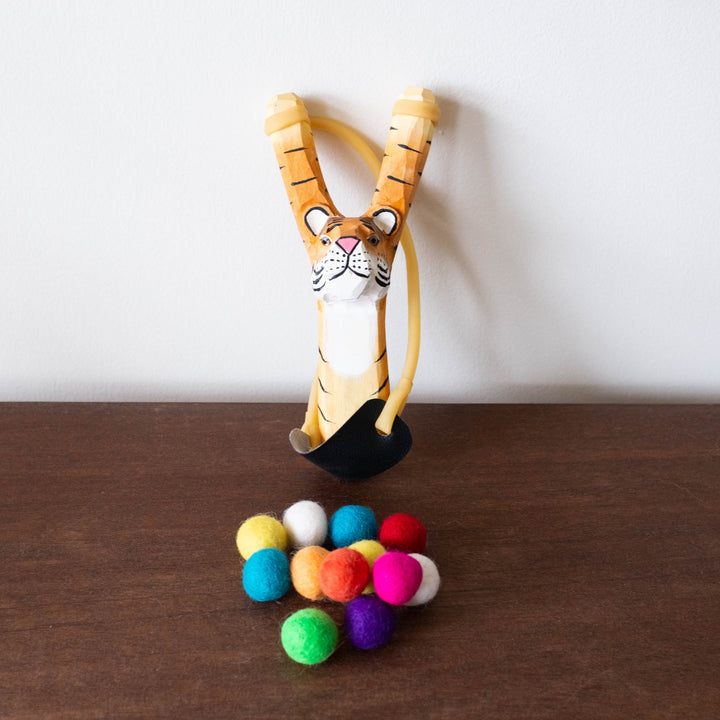 Wooden Slingshot Set- Tiger with Felt Balls