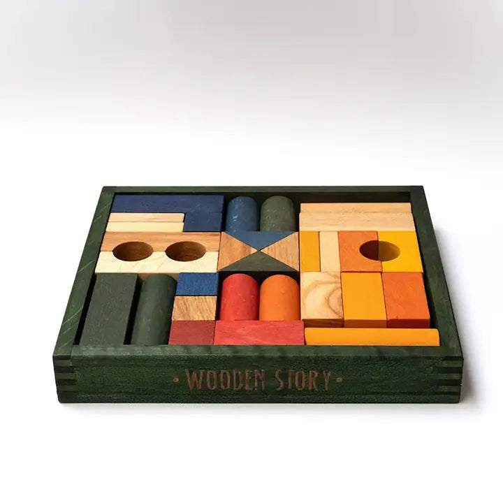 Wooden Story Building Blocks in Green Tray- 30pcs