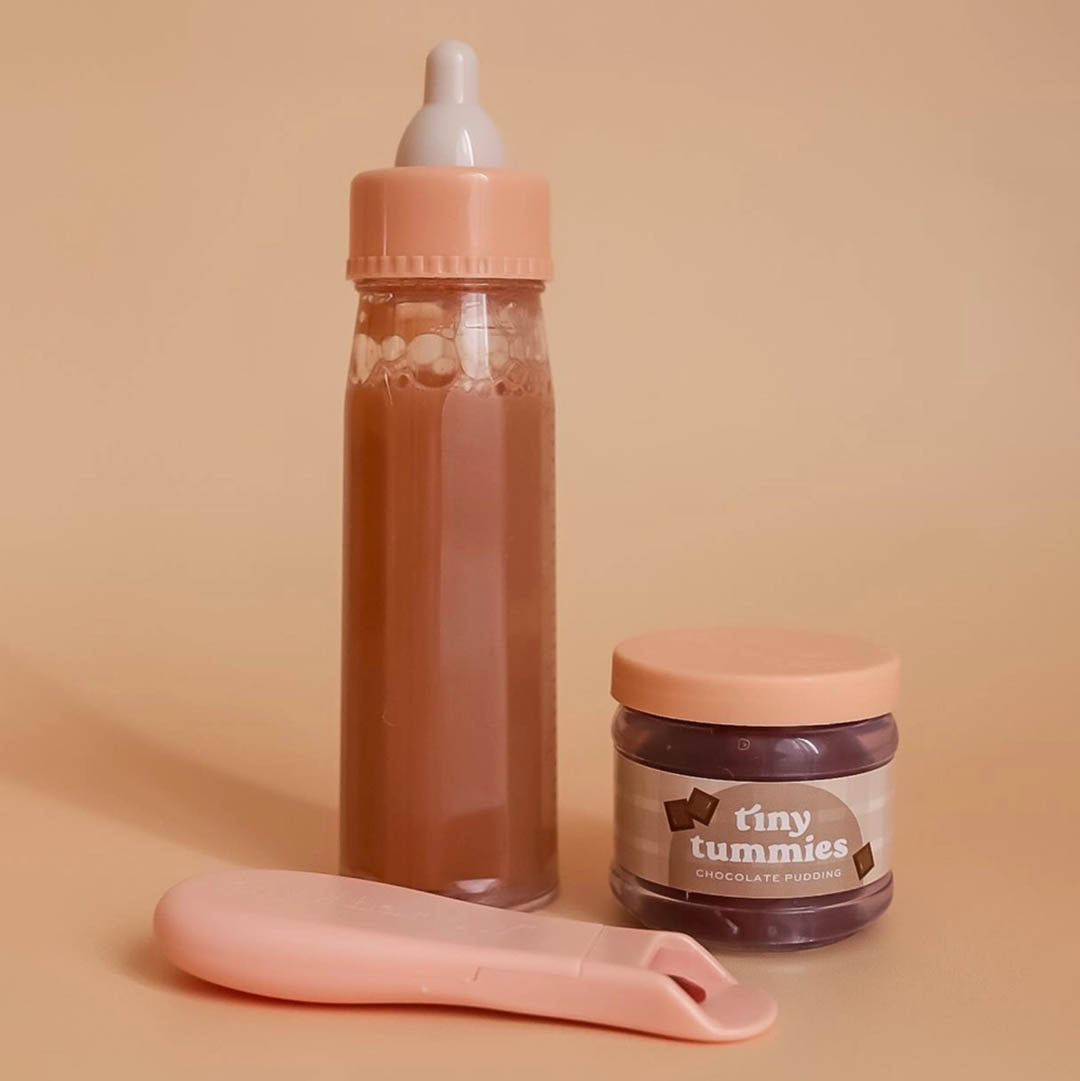 NEW Tiny Tummies Puree and Milk Bottle Set for Doll- Chocolate