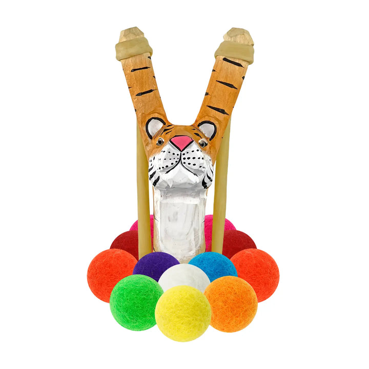 Wooden Slingshot Set- Tiger with Felt Balls