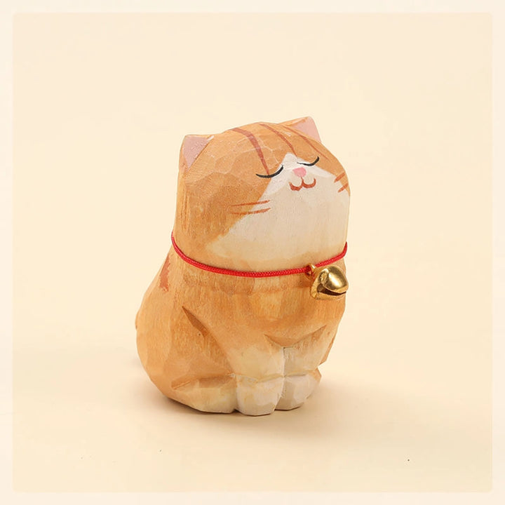 Handmade Wooden Animal- Orange Smiling Cat with Bell