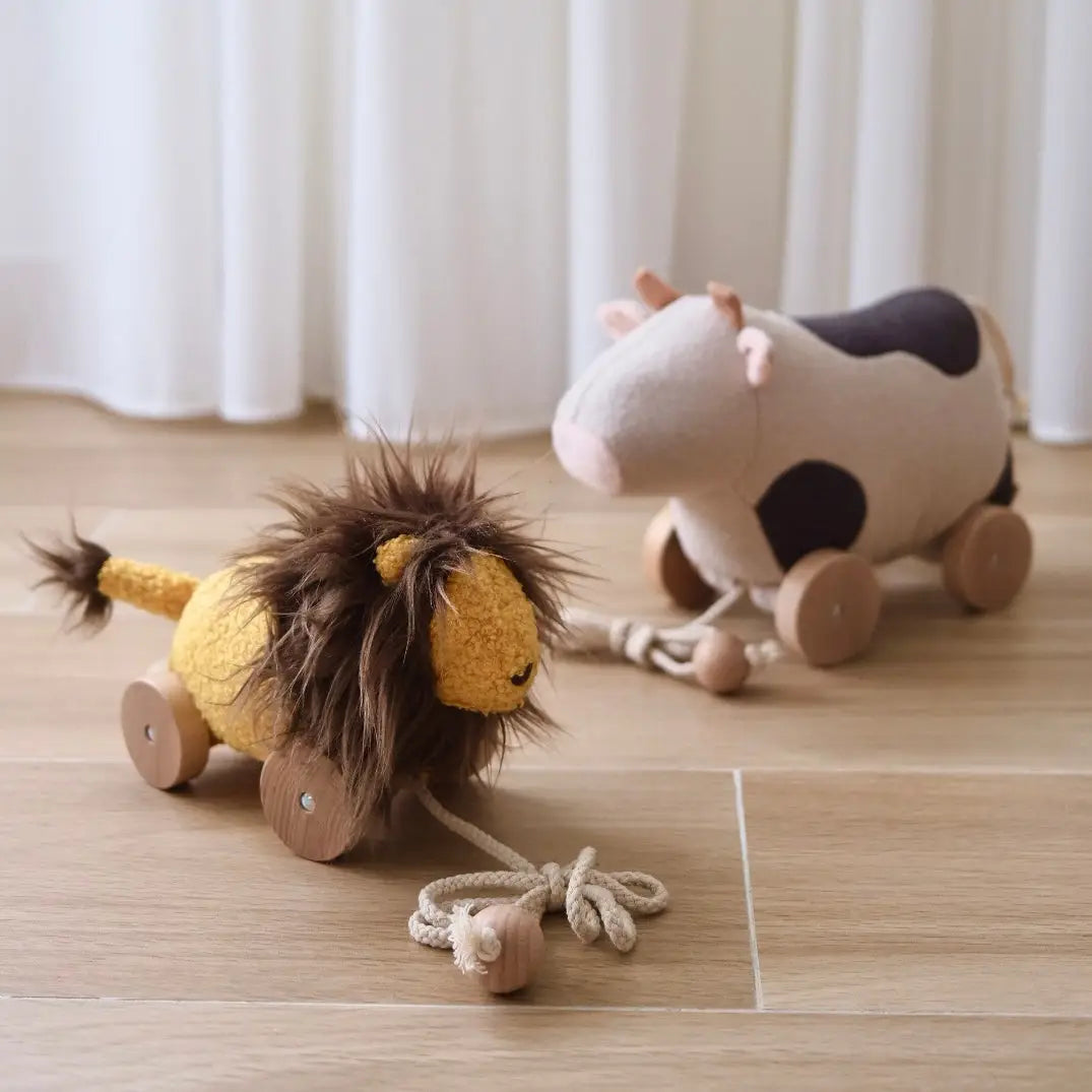 Baby Lion Leo Pull Toy with Wooden Wheels